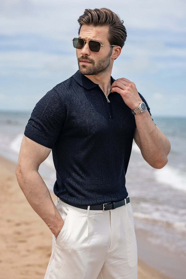 Madmext Navy Blue Regular Fit Polo Collar Knitwear Men's T-Shirt E7503