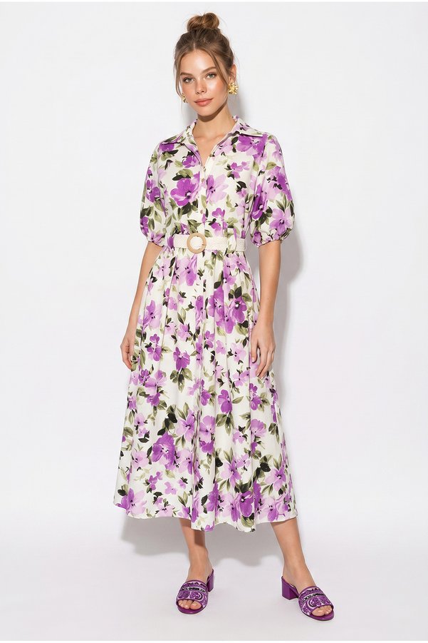 Bianco Lucci Women's Floral Patterned Belt Detailed Balloon Sleeve Poplim Midi Shirt Dress 5212 60286350