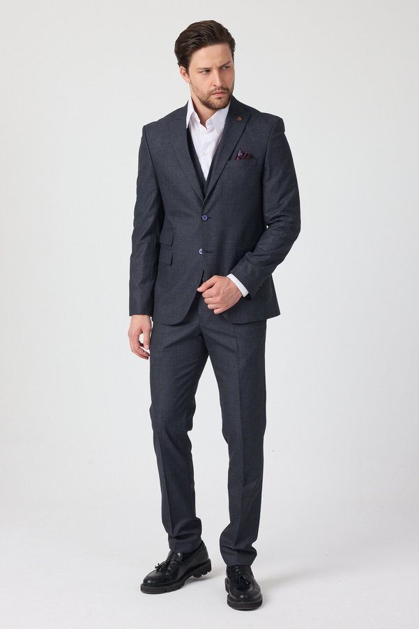 Frappoli Minaldo Men's Navy Blue Pointed Collar Polyviscon Fabric Jacket+Pants+Vest Slim Fit Suit