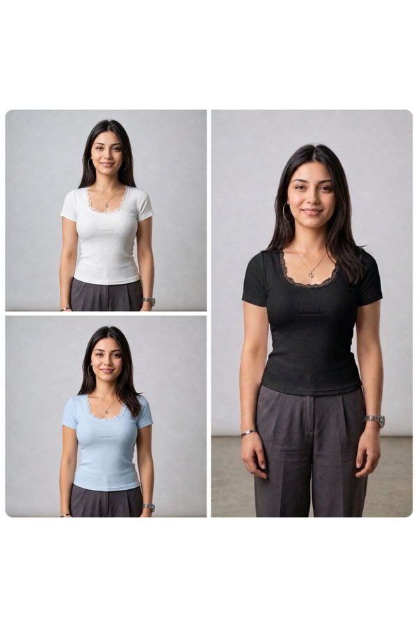 MİLYA&GYM Women's 3-Piece Camisole Ribbed Fabric Body-Fitting Chest Part Lace-Detail Square Neck T-Shirt