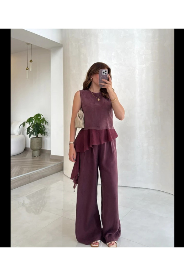 My Blog Plum Garnished Blouse and Pants Set - 51391