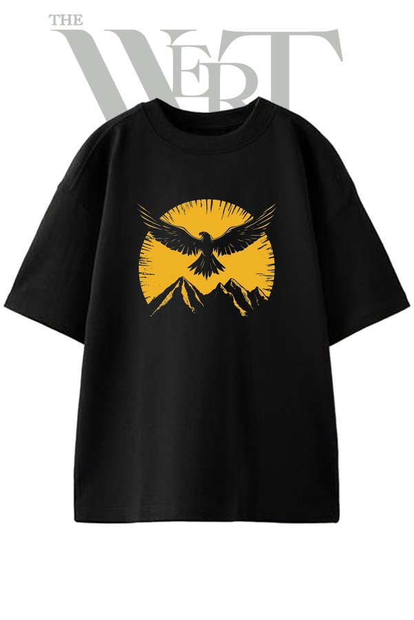 THEWERT Eagle Mountains Design Printed Unisex Black Oversize T-Shirt