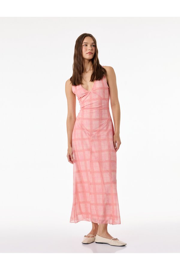 Koton Comfortable Fit V-Neck Plaid Patterned Tulle Sleeveless Maxi Dress