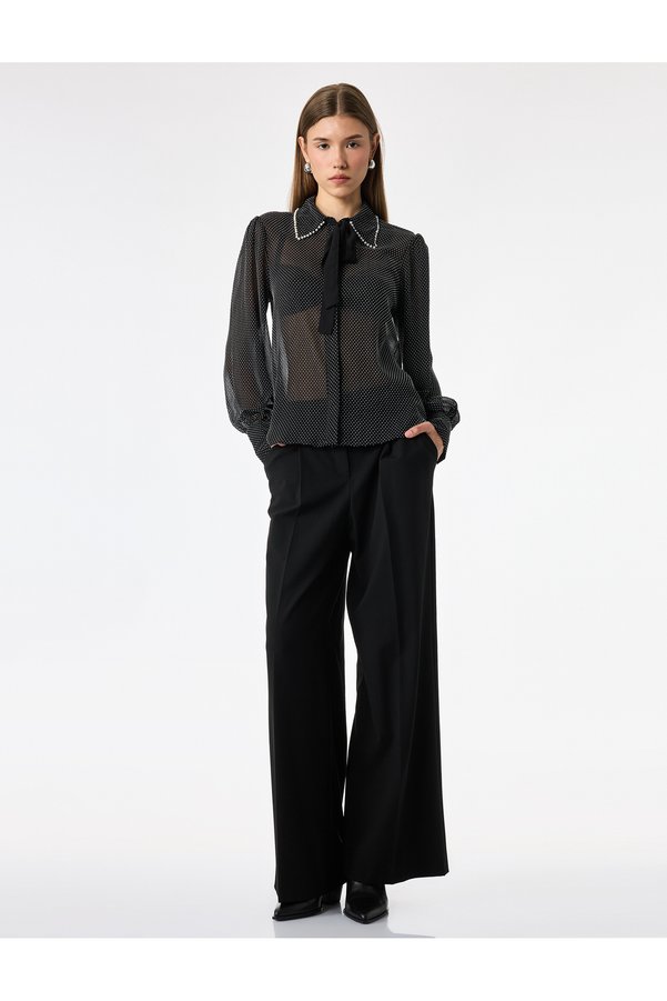 Koton Tie-Back Pearl Detailed Collar Long Sleeve Polka Dot Chiffon Blouse