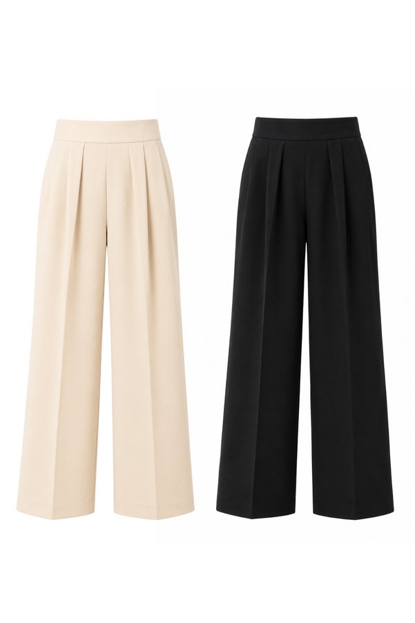 DI LORIA Women's Comfortable Cut Elastic Palazzo Trousers Double Set (Black, Beige)