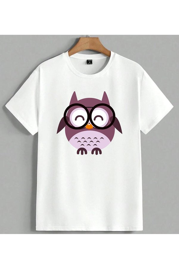 ELFERA Owl Purple Illustration Glasses Printed Unisex Oversize T-Shirt White