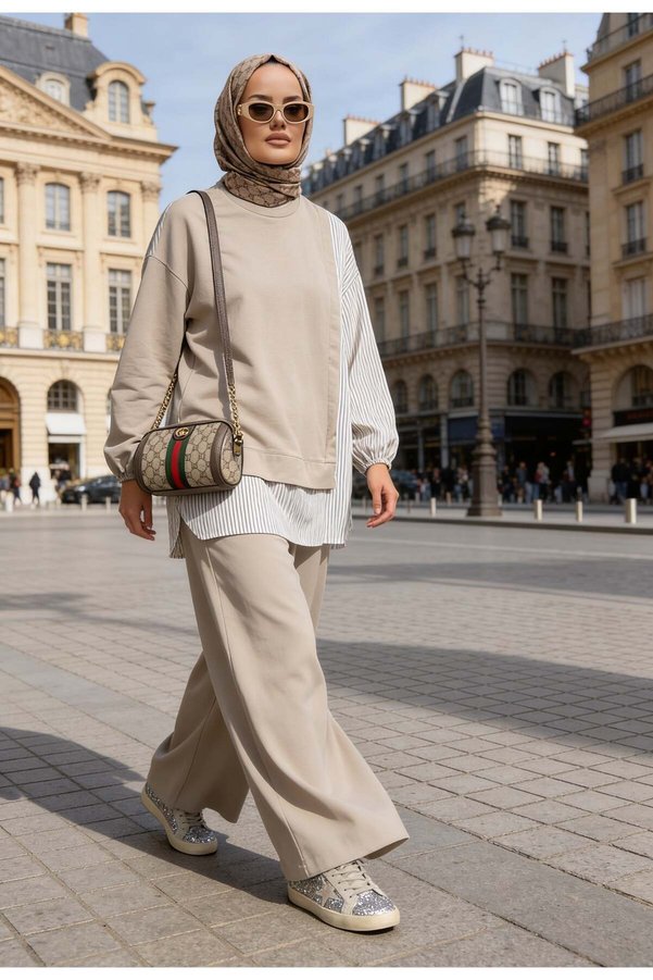 Aselim Hijap Moda Striped Shirt Detailed Tunic Double Suit | Beige with Pockets, Wide Legs and Tunic