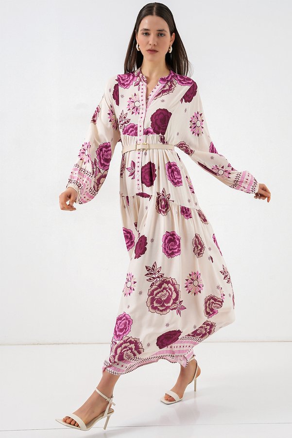 Merterium Women's Patterned Long Hijab Dress 1155 - D. Fuchsia