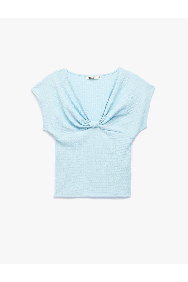 Koton Bürümcük Fabric Textured Slim Fit Sleeveless V-Neck T-Shirt with Knot Detail