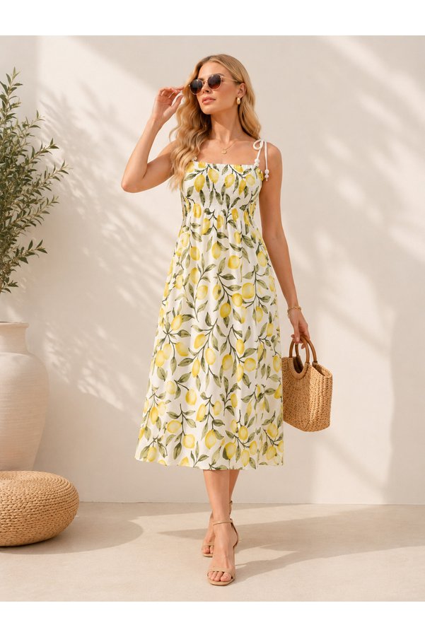 moda benna Cotton Long Summer Women's Dress - Shoulder-Tie Adjustable Straps Gathered Gipeli Lemon Pattern