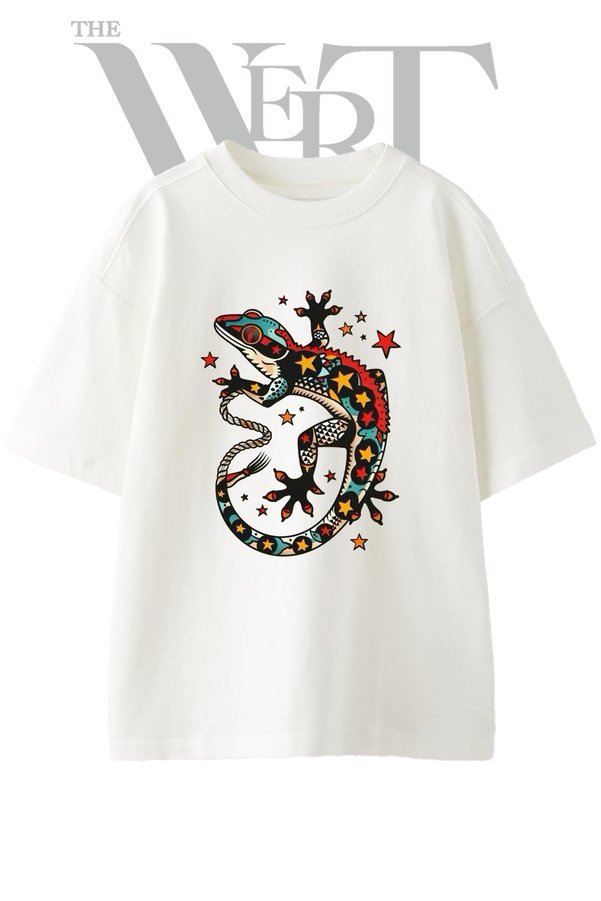 THEWERT Geko Tattoo Design Printed Unisex White Oversize T-Shirt