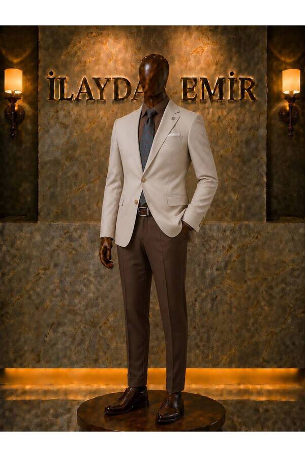 ilayda emir Men's Slim Fit Beige Blazer Jacket Brown Fabric Trousers Suit Business Classic Stylish Combination