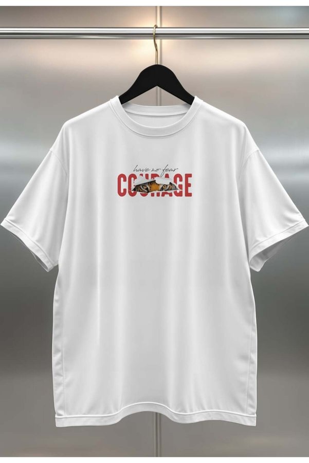 buzagi tasarım ürünleri Courage Digital Print Oversize Unisex White T-Shirt