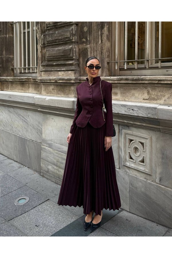 Ortaya Çık Burgundy Embroidery Detailed Jacket Pleated Skirt Women's Suit