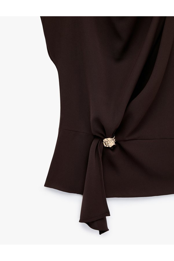 Koton Drapeli High Collar Short Sleeve Crepe Blouse with Metal Accessories