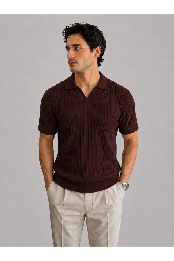 MODASPARK Brown Polo V-Neck Short Sleeve Men's T-Shirt