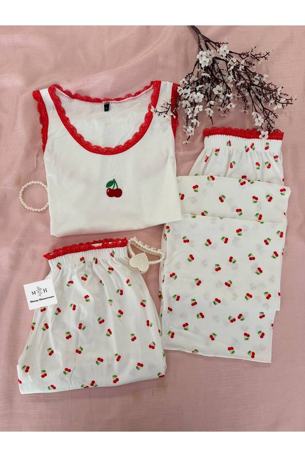 MH Moony Homewears Ruffled Cherry Branch 3-Piece Soft Pajamas