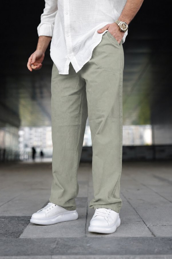 comstar Men's Trend Basic Wide Leg Green Baggy Linen Trousers