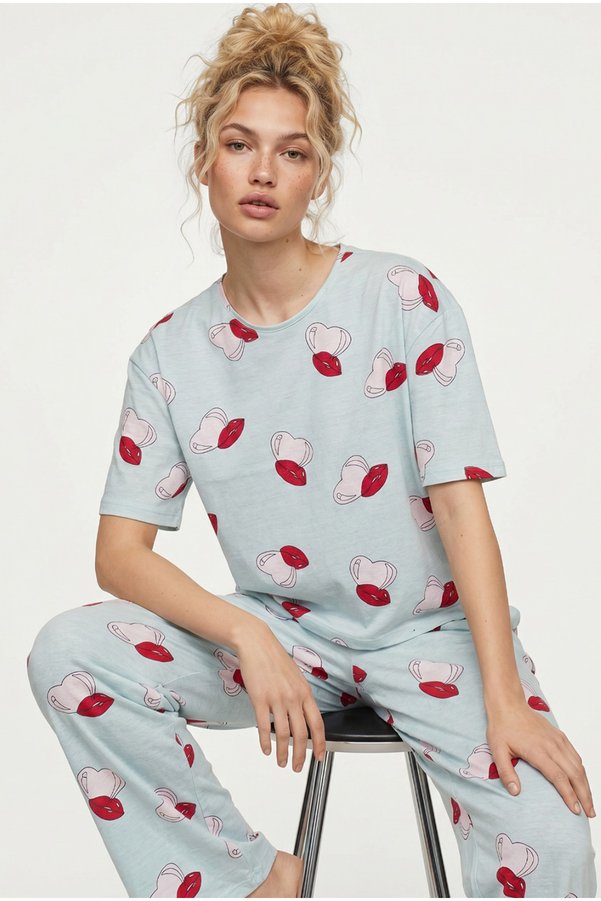 Siyah İnci green heart lip pattern Knitted Pajamas Set