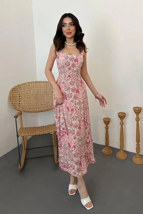 Caddebostan Moda Floral Print Square Neck Viscose Dress