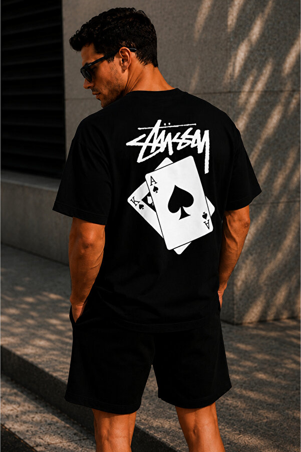 Unisex Stüssy İskambil Baskılı Oversize %100 Pamuk Geniş Kesim Dokulu Bisiklet Yaka Tişört RF0524