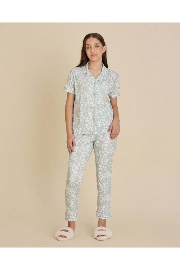REDTAG Senior Girls Green Floral Pajama Set