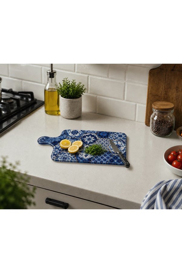 CONCEPT CAM Premium Azure Glass Cutting Board with Handle – 25×35 cm