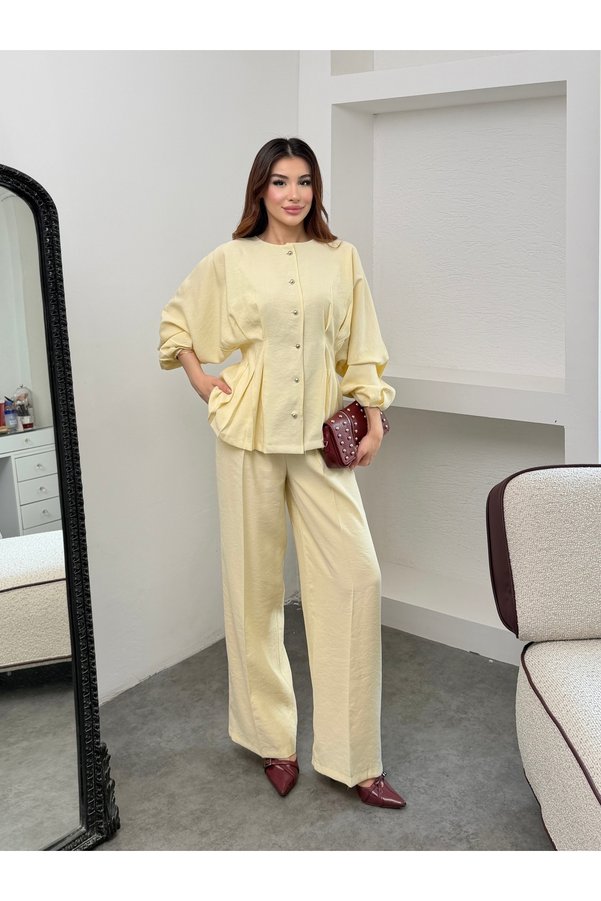 MiraMore Butik Women’s Elastic Waist Buttoned Suit Pants Blouse Set