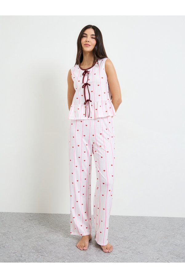 Styli Heart Prints Top & Pants Pajama Long Sets