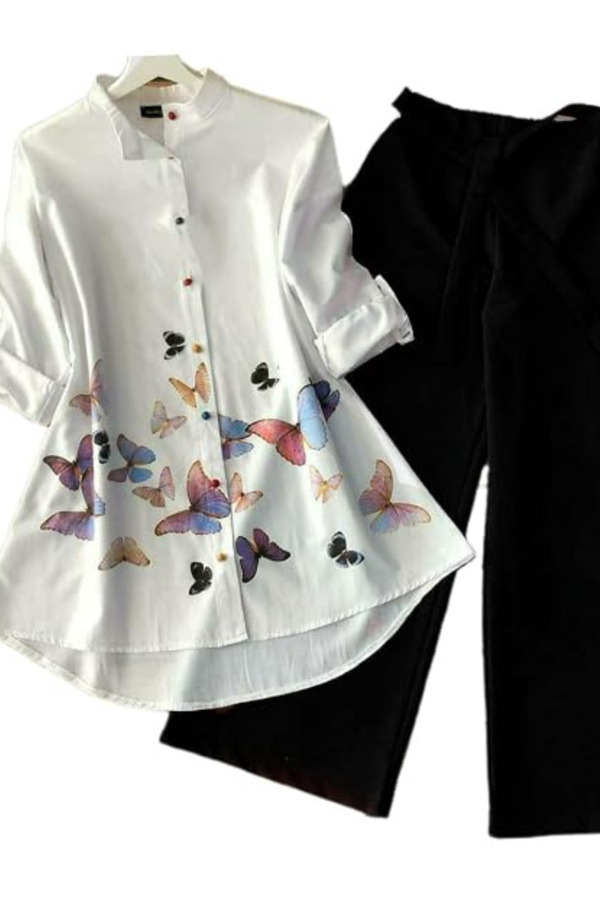 MYSMAR White Butterfly Print Tunic Palazzo Set - NJF8854 | White & Black-2XL-44Inches