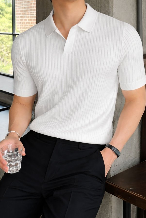HYMAN Men's Oversize Ribbed Polo Collar Slim Knitwear T-Shirt