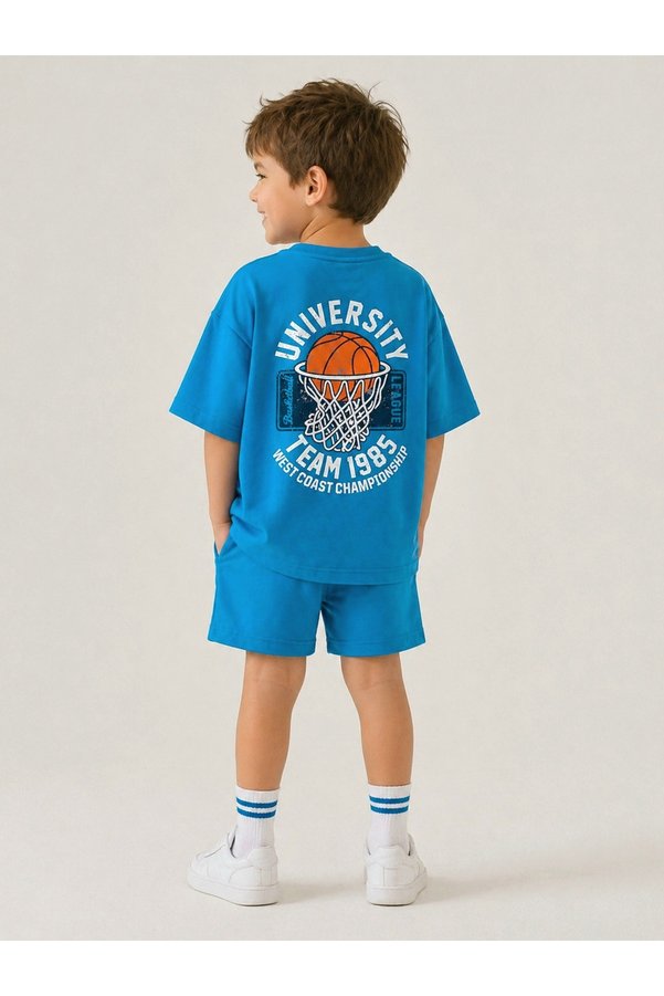 BALKABAĞI Cyan Blue Basketball Basic Shorts & Oversized T-Shirt Summer Kids Set