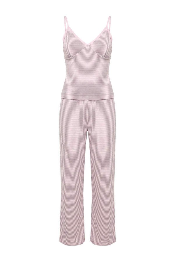 Trendyol Collection Grey-Pink Lace Detailed Striped Knitted Pajama Set Thmaw27Pt00070