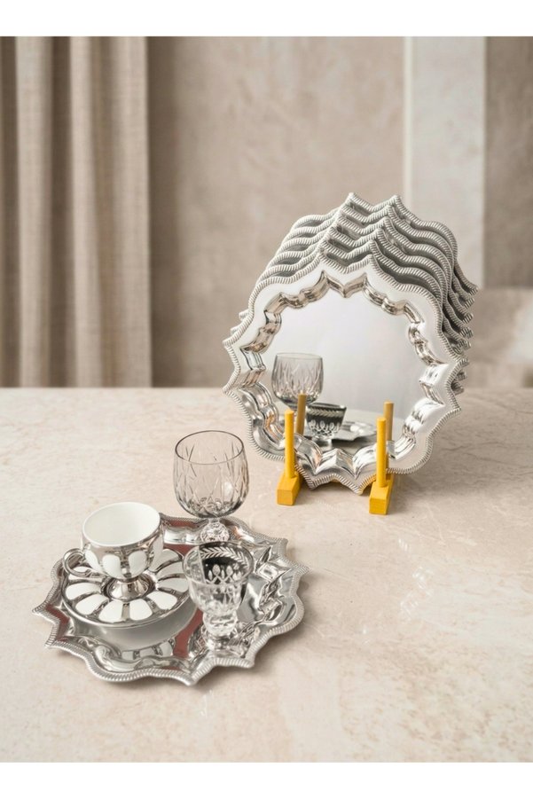 Maglor Luxury 6 Pieces Star Model 25 cm Stainless Steel Silver Color Tray - Decorative, Coffee Tray