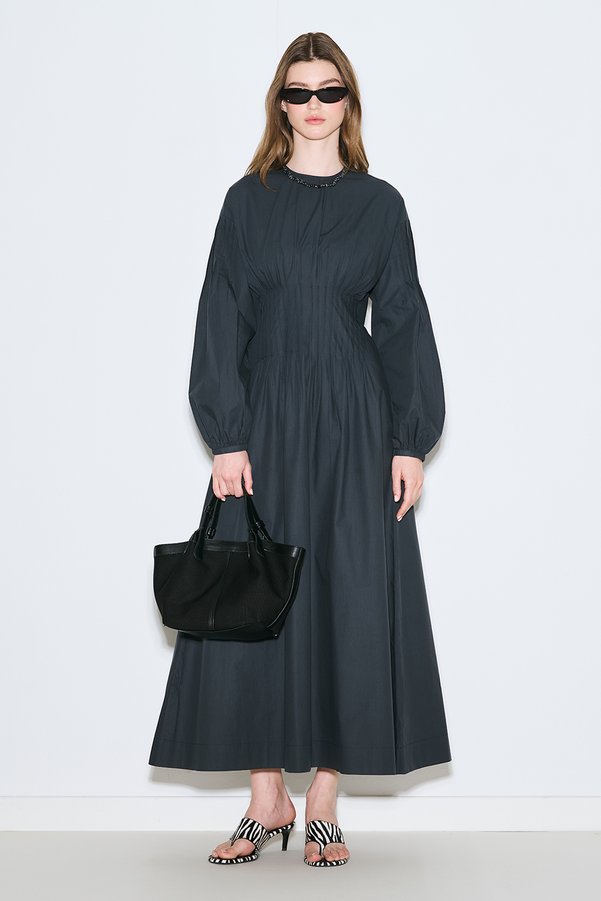 Manuka Dress with waist pleat detail navy blue