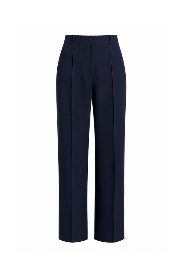 DI LORIA Women's Navy Blue High Waist Wide Leg Palazzo Trousers with Ribbed Front Stitching