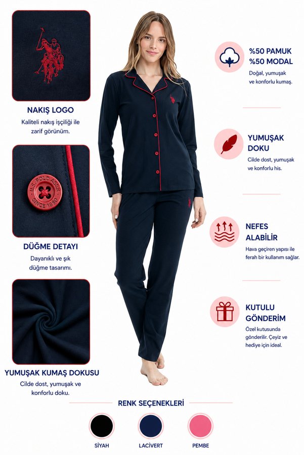 U.S. Polo Assn. 11000 Women's Cotton Modal Long Sleeve Shirt Collar Buttoned Dowry Pajama Set