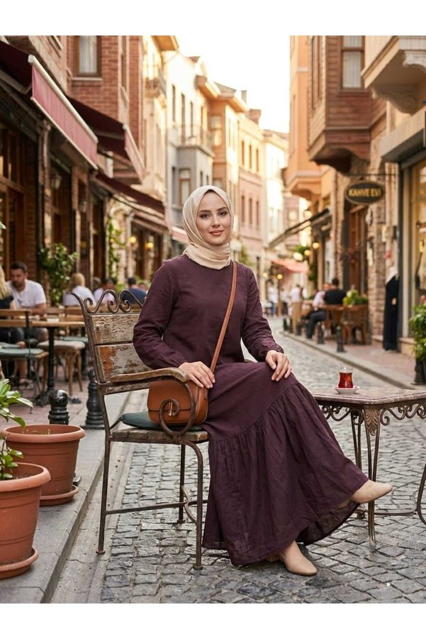 Asel Women's Solid Color Woven Viscose Fabric Long Hijab Dress