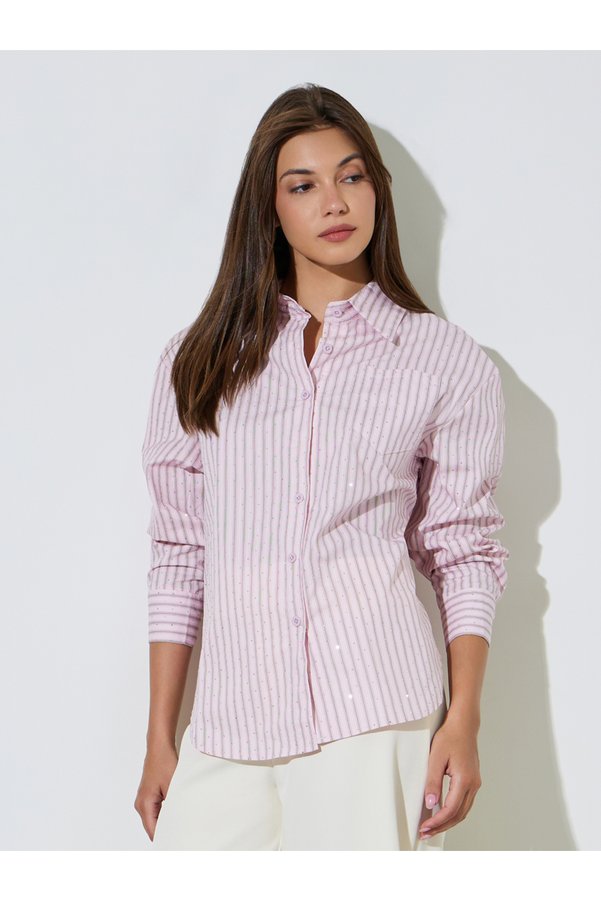 Styli Pink Longline Striped Embellished Shirt