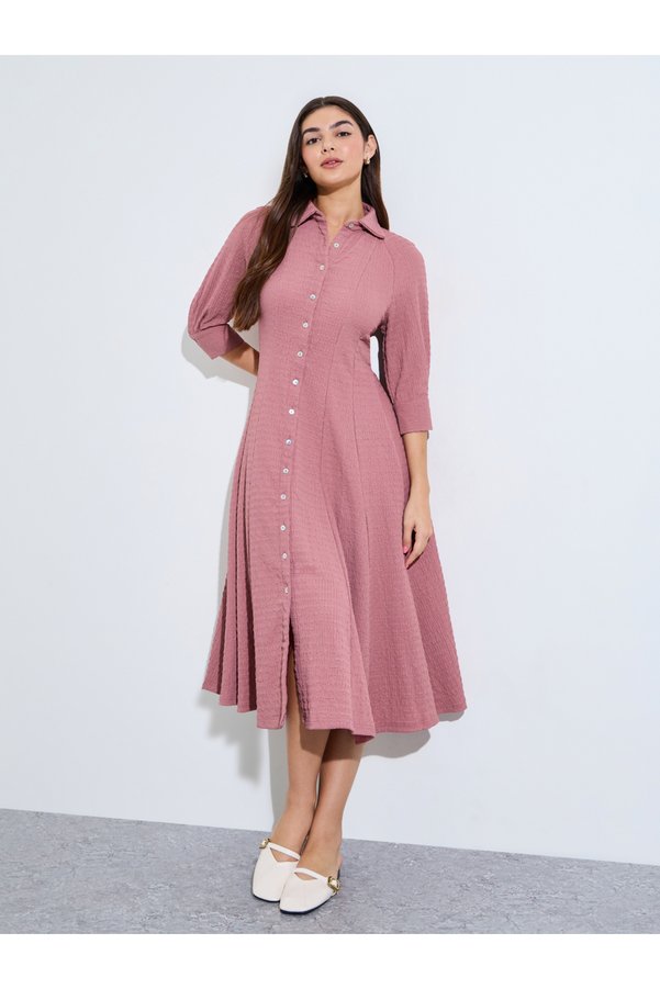 Styli Pleated Waist 3/4Th Sleeves Shirt Midi Dress