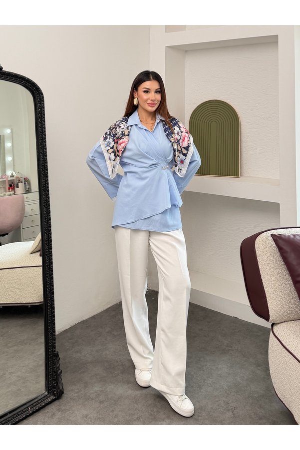 MiraMore Butik Women's Draped Lace-Cuffed Shirt with Tie Detail