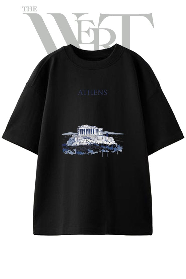 THEWERT Parthenon Athens Design Printed Unisex Black Oversize T-Shirt