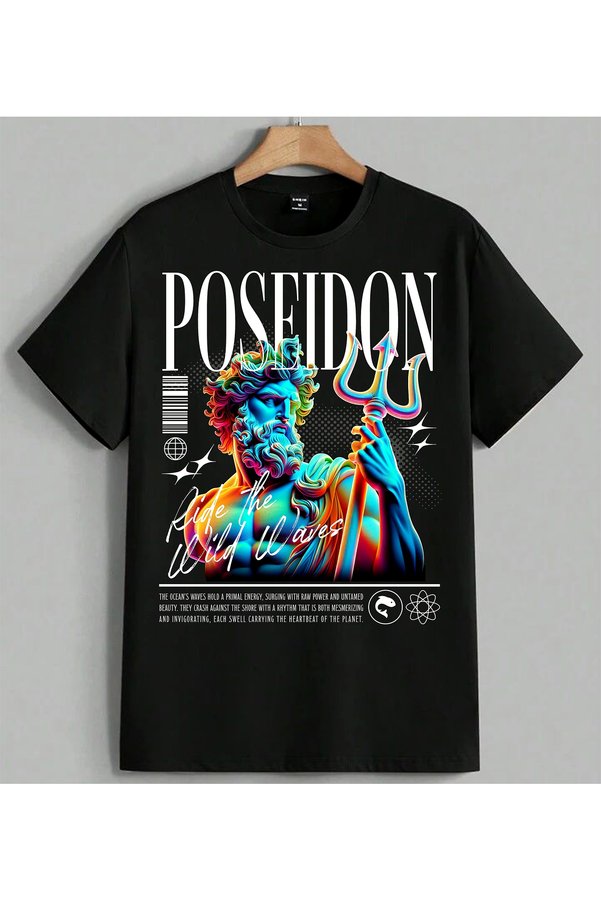 ELFERA Poseidon Mythology Colorful Printed Unisex Oversize T-Shirt Black