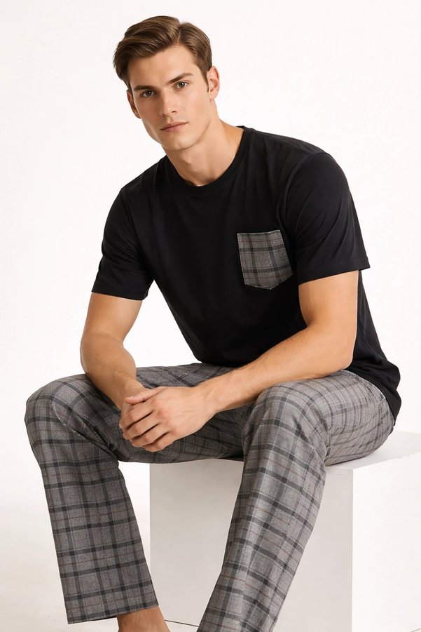 Sude HOMEWEAR Men's Short Sleeve Black Color Plaid Patterned Pajama Set