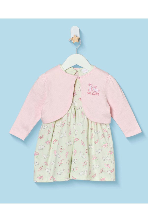 REDTAG Infant Girls Green All Over Print Dress With Pink Shrug