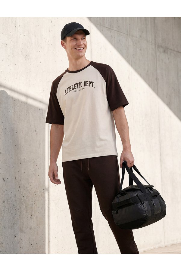 Koton Comfortable Fit Cotton Color Contrast Short Raglan Sleeves Crew Neck Printed Sports T-Shirt