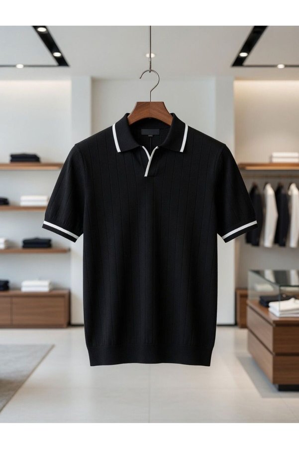 zs zaos fashion Men's Short-Sleeved Poloyaka Knitwear T-Shirt/T-Shirt 100% Cotton Patterned Line Detail Basic Summer