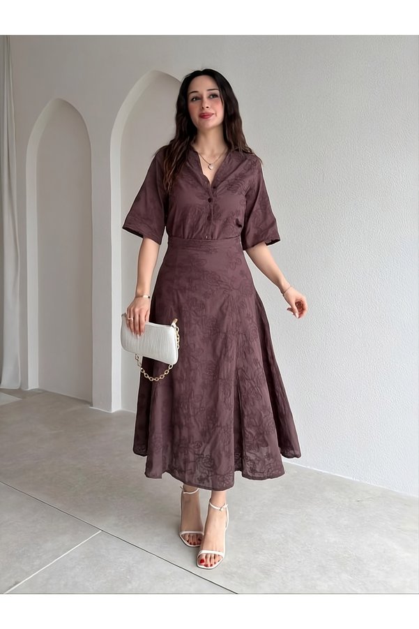 My Blog Brown Embroidered Short Sleeve Shirt Skirt Set - 7352