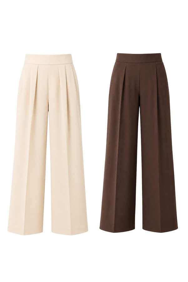 DI LORIA Women's Comfortable Cut Elastic Palazzo Trousers Double Set (Brown, Beige)