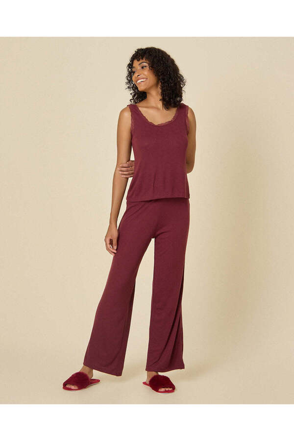 REDTAG Women Burgundy Pointelle Cami Top And Long Pants Set